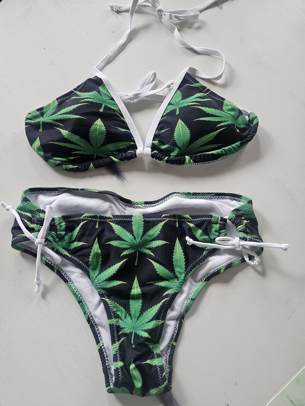 Black Bikini Set with Green 420 Leaf Print